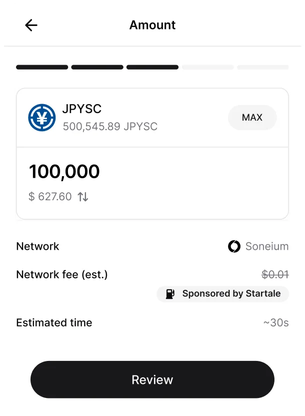 Startale App の送金画面。JPYSC を 100,000 送るところ。